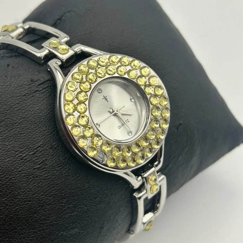 Womens Silver Tone Quartz Watch with Yellow Rhinestone/Crystal Bezel New Battery - Picture 3 of 8